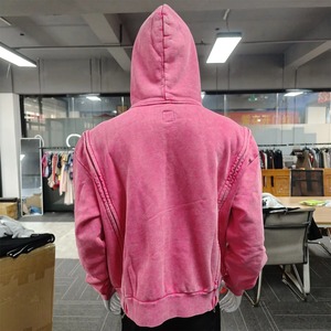 Sweat-shirt à capuche zippé unisexe en polaire rose et vert, coupe oversize décontractée, longueur standard, tricoté, pour l'automne - Product Image 3