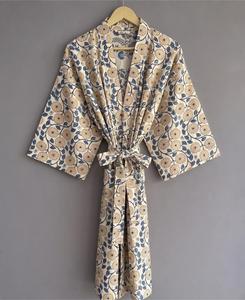 Robe Kimono Ample à Imprimé Floral 100% Coton Manches Trois-Quarts Style Japonais Longueur Genou Respirante Tenue Décontractée Taille Naturelle - Product Image 2