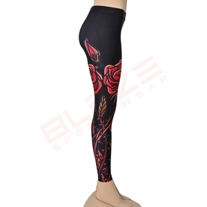 High Waist Floral Print Yoga Leggings Full Length Spandex Polyester Four-Way Stretch Elastic Waist Black <b>Red</b> Rose Pattern - Product Image 6