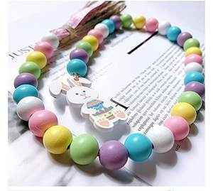 Guirlande de perles en bois avec pompons, étiquette lapin et œuf, style rustique campagnard, perles en bois de printemps, décoration suspendue bohème pour la maison - Product Image 1