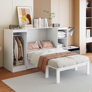 Lit Murphy double blanc avec étagères pratiques au chevet et armoire intégrée - Product Image 3