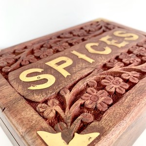 Vintage <b>Wooden</b> Spice <b>Box</b> with Brass Inlay, Hand-Carved Floral Storage <b>Box</b>, Rustic Kitchen Decor, Collectible <b>Wooden</b> Home Accent - Product Image 5