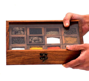 Boîte à épices en bois de style artisanal – Masala Dabba indien fait main, organisateur de cuisine rustique, couvercle en verre - Product Image 1