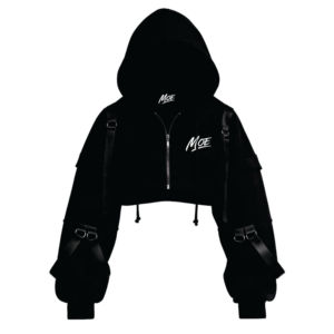 Sudadera corta con capucha de moda para mujer, estilo techwear, negra, con cremallera, detalles de tiras, top streetwear, proveedor OEM, EE. UU. - Product Image 5