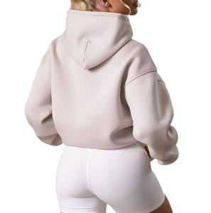 Sudadera con capucha corta casual de color liso para mujer King, anti-bolitas, de invierno, con bolsillos bordados, manga larga, de forro polar tejido - Product Image 2