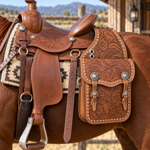 Sac de selle artisanal en cuir pour cheval |   Pochette de rangement équestre occidentale avec sangles et boucles sécurisées pour l'équitation en trail, le travail à la ferme et l'équipement de tack - Product Image 3