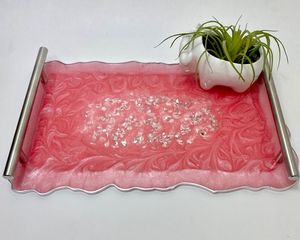 Plateau de service rectangulaire en résine verte, fait main, multifonctionnel, moderne, décoratif, avec motif abstrait - Product Image 1