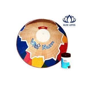 Chapeau vietnamien en bambou bleu lotus, forme conique traditionnelle, fait main, couleur naturelle, bordure rouge décorative, souvenir, VENTE CHAUDE - Product Image 1