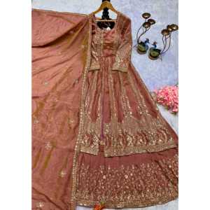 Ensemble de robe de soirée A-line, lehenga et dupatta, en tissu organza à imprimé floral, taille naturelle - pour les occasions de fête - Product Image 1