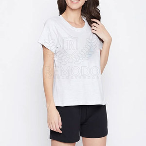 Precio al por mayor, conjunto de camiseta y pantalón corto para mujer con cuello redondo, color personalizado, talla grande, algodón/poliéster, dos piezas, ropa casual, cintura elástica - Product Image 1
