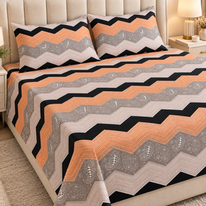 Drap de lit tendance orange et noir à motif zigzag, 115 GSM, en microfibre légère, motif géométrique moderne, housse de lit pour chambre à coucher - Product Image 1