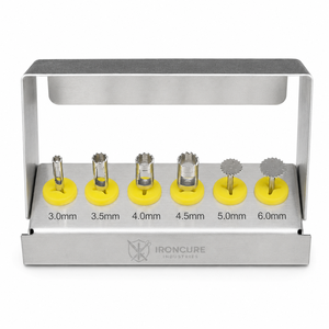 IRONCURE INDUSTRIES Kit de 6 instruments de coupe osseuse pour implants dentaires (treflons et disques de scie) 3-6mm avec étui métallique et manuel - Product Image 1