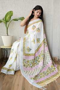 Saris en coton et lin à motifs imprimés artistiques modernes avec chemisier en lin pour un look charmant pour les femmes lors de festivals et de mariages - Product Image 3