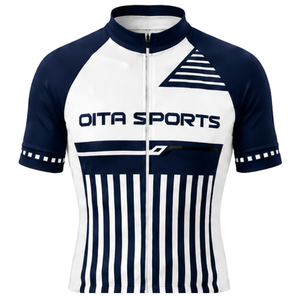 Maillot de cyclisme personnalisé bleu marine et blanc à manches courtes, fermeture éclair intégrale, respirant, séchage rapide, pour vélo de route, performance, course, vêtements de sport - Product Image 1