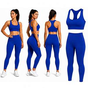 Ensemble de soutien-gorge de sport et leggings bleus pour femmes, taille haute, vêtements de sport, yoga, fitness, tenue deux pièces - Product Image 1