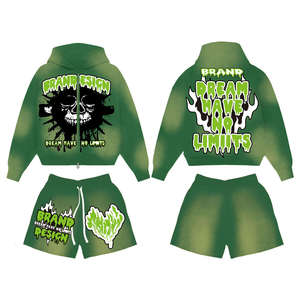 Acid Wash Stone <b>Zip</b> <b>Up</b> Hoodie And Shorts Set Boxy Fit Street Wear 100% Cotton Hoodies & Short Sets - Product Image 2