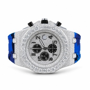 Montre chronographe de luxe pour hommes en acier inoxydable avec boîtier incrusté de diamants et bracelet en caoutchouc bleu, mouvement à quartz analogique - Product Image 6