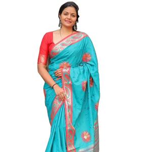 Sari en soie de coton mercerisé pur avec broderie exclusive de conception de bordure et chemisier Jacquard vêtements indiens et pakistanais - Product Image 6