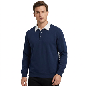 Polo de Manga Larga Azul Marino para Hombre, Estilo Casual de Algodón Tejido Sólido con Cuello Blanco y Diseño de Botones, Hecho en Bangladesh - Product Image 1