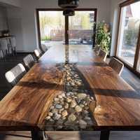 Table à manger / Table basse en bois avec plateau en résine époxy ronde personnalisée en gros
