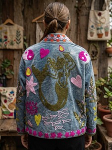 Women’s Decorative Gray <b>Velvet</b> <b>Jacket</b> with Floral & Heart Embroidery - Product Image 2