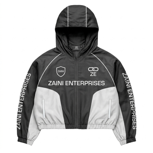 <b>Mens</b> Winter Windbreaker <b>Jacket</b> Canvas 120 GSM Polyester Fabric Solid Black <b>White</b> Contrast Panel Front Custom Logo - Product Image 1
