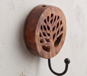 Artisanal Wooden Wall Mount <b>Hook</b> With Tree Carving Design Rustic Style Single <b>Hook</b> <b>For</b> Clothing Storage And Bathroom Clothes - Product Image 3