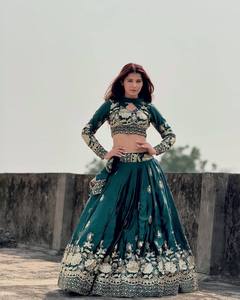 <b>Green</b> Embroidered Lehenga Choli Set Vintage Ethnic Women Dress with <b>Net</b> Dupatta for Wedding Party Winter Wear - Product Image 1