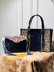 Offre Spéciale à la main en cuir noir Floral grand sac fourre-tout et à la main en cuir gaufré frange enveloppe sac Combo ensembles pour les femmes - Product Image 2