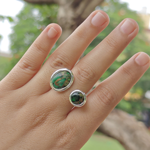 18k Silver Plated Brass <b>Adjustable</b> <b>Ring</b> Copper Turquoise Gemstone Bezel Setting Oval Open Band Trendy Unique Women Fashion <b>Rings</b> - Product Image 3