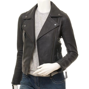 Custom Logo Design Ladies Biker Genuine Sheepskin Leather Jacket Waterproof Filled Breathable All Seasons Cotton Lined - Product Image 2
