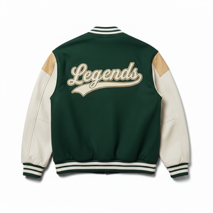 Veste universitaire verte crème pour homme, manches en cuir PU, veste de style campus brodée, streetwear preppy, veste décontractée d'automne - Product Image 4
