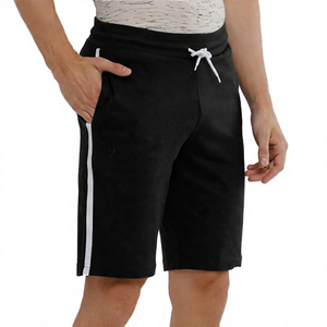 Shorts Bermuda en coton uni pour homme avec bande latérale et cordon de serrage à la taille, tenue décontractée - Product Image 3