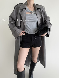 PAPERLLL Long Trench Coat <b>Women</b> Gray Turn-down Collar Single Breasted Windproof Autumn Minimalist Style Loose Fit - Product Image 1