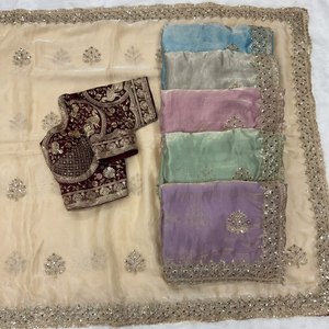 Fendy <b>Satin</b> <b>Saree</b> with Heavy Embroidery Sequins Border Premium Fully Stitched Embroidered Blouse Wedding Party Wear <b>Saree</b> - Product Image 6