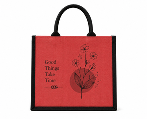 Red Jute Shopping <b>Bag</b> With Floral Design And "Good Things Take Time" Quote <b>Medium</b> <b>Size</b> Handheld Tote - Product Image 1