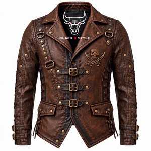 Veste d'hiver pour homme en cuir véritable, motif tête de mort en relief, fermeture éclair, col montant, capuche, style motard gothique - Product Image 1