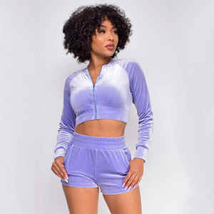 Ensemble short 2 pièces en velours pour femmes, à capuche, manches courtes, coupe ample, couleur unie, décontracté, printemps-été, longueur au-dessus du genou - Product Image 4