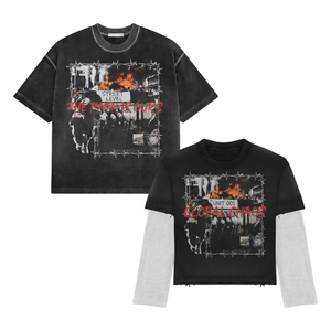 เสื้อยืดสองชั้น ผ้าฝ้ายนุ่ม สีเทา แขนเสื้อสีดำ พิมพ์ลายกราฟิก โลโก้สั่งทำ เสื้อยืดสองชั้นทันสมัยสำหรับผู้ชาย - Product Image 3