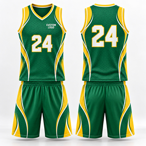 Ensemble de maillots de basket respirants personnalisés vert et jaune, imprimé par sublimation, col en V, sans manches, uniformes en mesh, taille élastique, pour adultes - Product Image 1