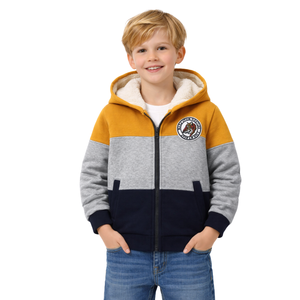 Veste à capuche pour garçons, coloris gris moutarde et bleu marine, style Little Explorer, doublure Sherpa, fermeture éclair, vêtement d'extérieur pour l'école - Product Image 1