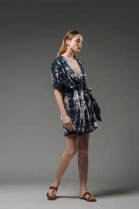 Ladies <b>Black</b> Tie Dye <b>Wrap</b> Dress Short Sleeve V Neck Mini Dress Casual Boho Style Lightweight Dress - Product Image 2