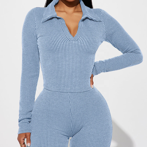 Offre Spéciale – Ensemble 2 Pièces Tricoté pour Femme : Combinaison Longue en Maille Côtelée à Col Cranté et Tenue Décontractée Chic Couleur Unie pour Clubbing - Product Image 4