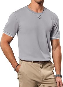 T-shirt pour homme à manches courtes gris, col rond, coupe ajustée, 100% coton tricoté, décontracté, respirant, couleur unie, longueur normale - Product Image 2