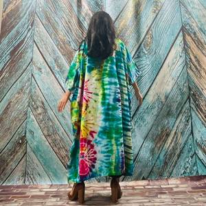 Tie Dye rayonne tissu Long Kimono Boho Style dame plage vacances d'été couvrir Sexy Resort porter femmes Kimono grande taille Kimono - Product Image 4