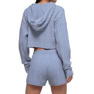 Custom <b>Cable</b> Knit Winter Bliss Hoodie & Shorts Set Women Winter Loungewear OEM Knitwear Set Private Label Supplier - Product Image 2