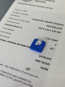 Diamant de laboratoire HPHT CVD en forme de poire de 1,03 ct, certifié IGI, clarté VVS, couleur D, pour la vente en gros et la joaillerie - Product Image 2
