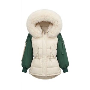 Custom Green Ivory Women's Polyester Colorblock Puffer Coat Fur Hood Quilted Winter <b>Jacket</b> Padded Winter Outerwear - Product Image 1