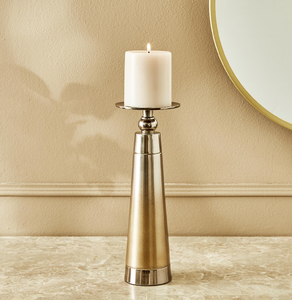 Sleek gold and silver two-tone pillar candle pedestal, modern table centerpiece. Available at wholesale prices. High quality. - Product Image 1