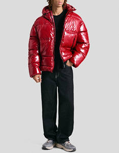 <b>Red</b> <b>Hooded</b> Puffer <b>Jacket</b> Solid Color Waterproof Zipper Closure Casual Winter Thick Polyester Regular Fit Short Length - Product Image 3